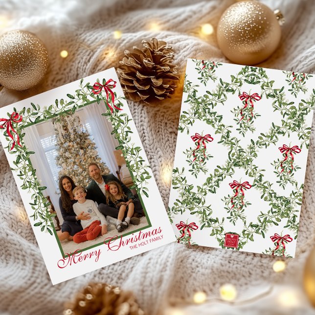 Watercolor Red Bow Mistletoe Garland Photo Holiday Card (Creator Uploaded)