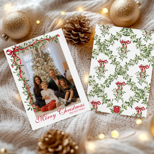 Watercolor Red Bow Mistletoe Garland Photo Holiday Card