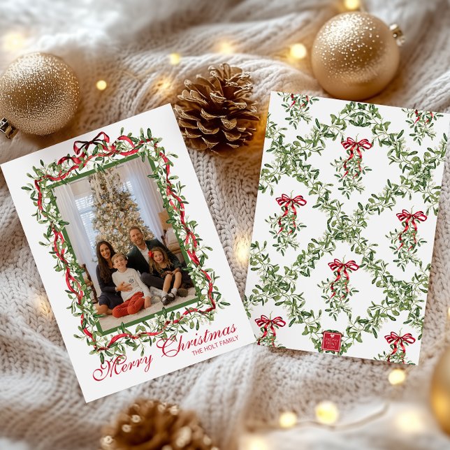 Watercolor Red Bow Mistletoe Garland Photo Holiday Card (Creator Uploaded)