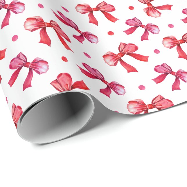 Watercolor Red Bows Christmas Holiday Gift Wrapping Paper (Roll Corner)