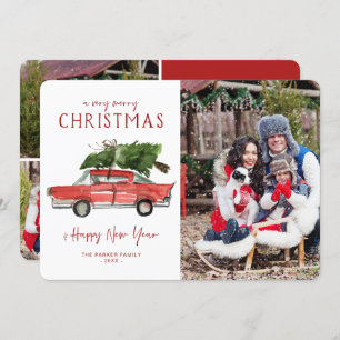 Watercolor Red Car   Christmas Holiday Photo Card