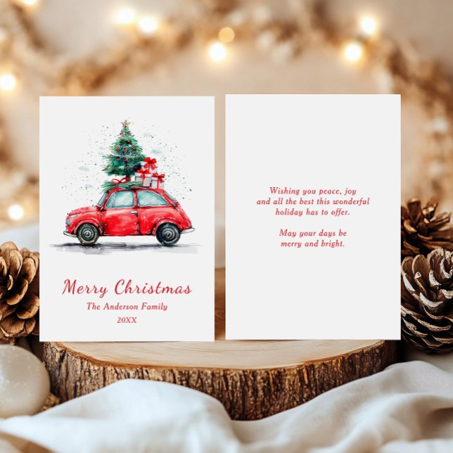 Watercolor Red Car with Tree and Gifts Christmas Holiday Card (Creator Uploaded)