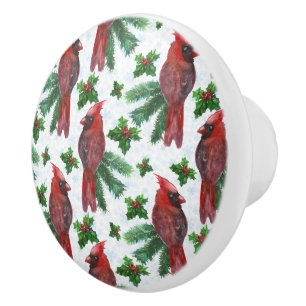 watercolor Red Cardinal Bird Ceramic Knob