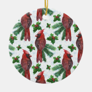 watercolor Red Cardinal Bird Ceramic Tree Decoration