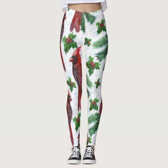 watercolor Red Cardinal Bird Leggings (Front)
