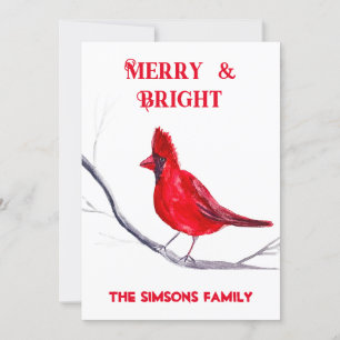 Watercolor Red Cardinal Bird Merry Christmas Holiday Card