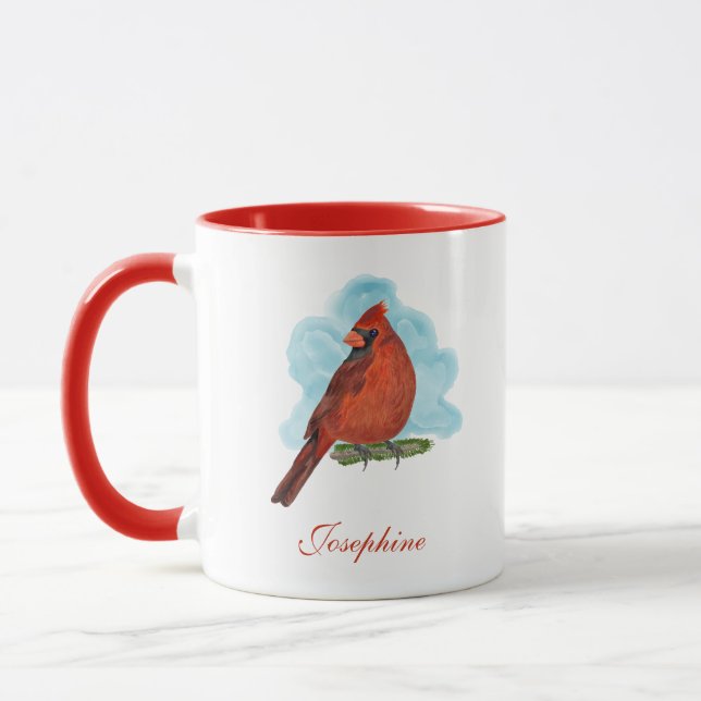 Watercolor Red Cardinal Bird With Name Mug (Left)