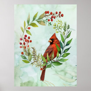 Watercolor Red Cardinal Bird Wreath Christmas Poster