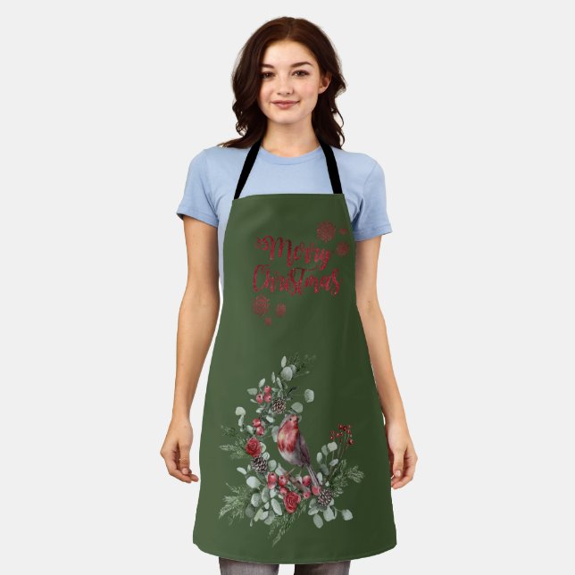 Watercolor Red Cardinal Bird Wreath Green Apron (Worn)