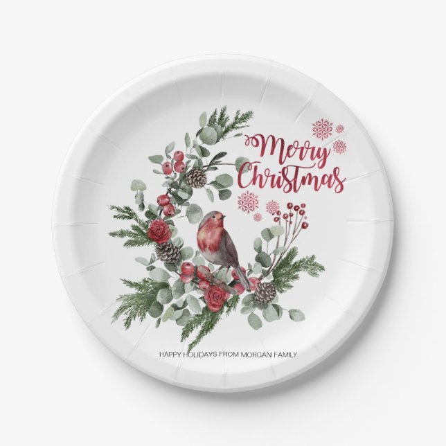 Watercolor Red Cardinal Bird Wreath     Paper Plate (Front)