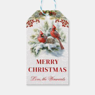 Watercolor Red Cardinal Couple Merry Christmas Gift Tags