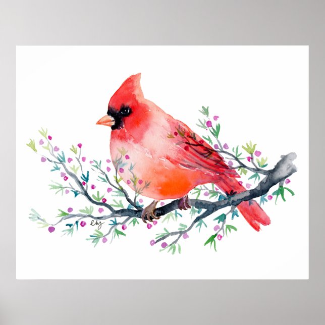 Watercolor Red Cardinal on Berry Branch Poster (Front)