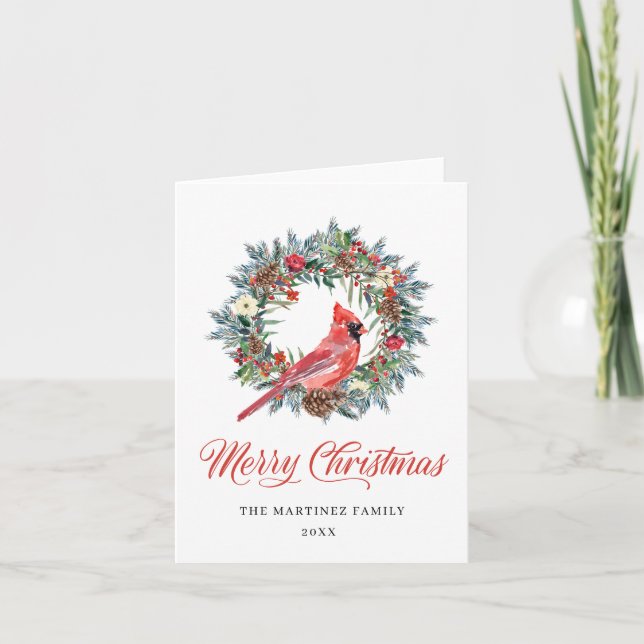 Watercolor Red Cardinal Pine Wreath Christmas Holiday Card (Front)