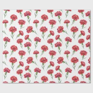 Watercolor Red Carnation Flowers on White Wrapping Paper