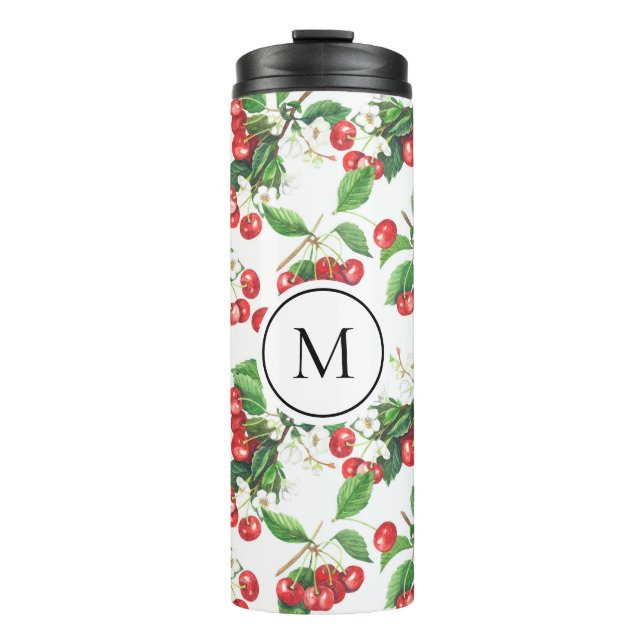 Watercolor Red Cherries Pattern Monogram Thermal Tumbler (Front)