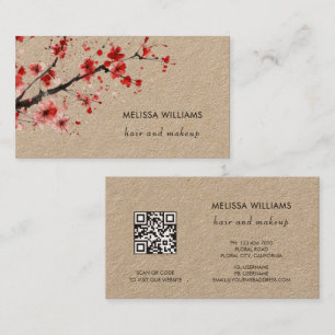 Watercolor Red Cherry Blossoms Kraft Paper Business Card