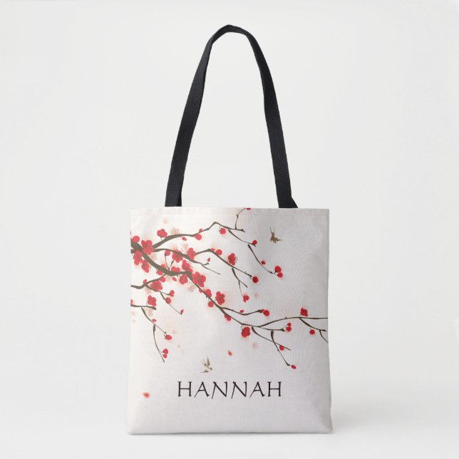 Watercolor Red Cherry Blossoms (Sakura) Floral Tote Bag (Front)