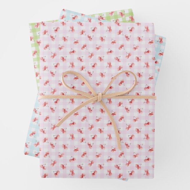 Watercolor Red Cherry Pastel Colour Gingham Wrapping Paper Sheet (In situ)