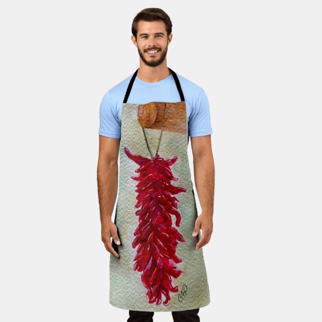 Watercolor Red Chile Ristra New Mexico Apron (Worn)