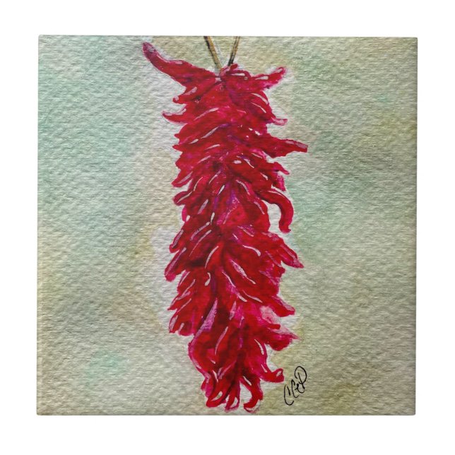 Watercolor Red Chile Ristra New Mexico Tile (Front)