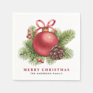 Watercolor Red Christmas Ball Ornament Holiday Napkin