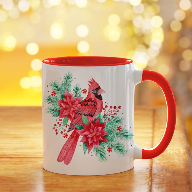 Watercolor Red Christmas Cardinal Bird and Florals Mug (Watercolor Red Christmas Cardinal Bird and Florals Mug)