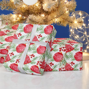 Watercolor Red Christmas Ornaments, Fir Branches Wrapping Paper