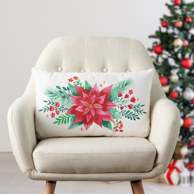 Watercolor Red Christmas Poinsettia Flower  Lumbar Cushion (Watercolor Christmas Poinsettia Flower Lumbar Pillow)