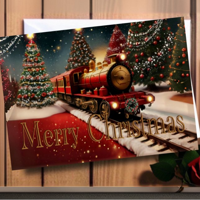 Watercolor Red Christmas Train Holiday Photo Car Card (Creator Uploaded)