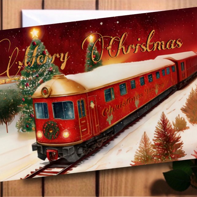 Watercolor Red Christmas Trolley Holiday Photo Card (Creator Uploaded)
