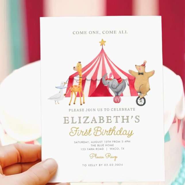 Watercolor Red Circus Carnival Baby Birthday Invitation (Creator Uploaded)