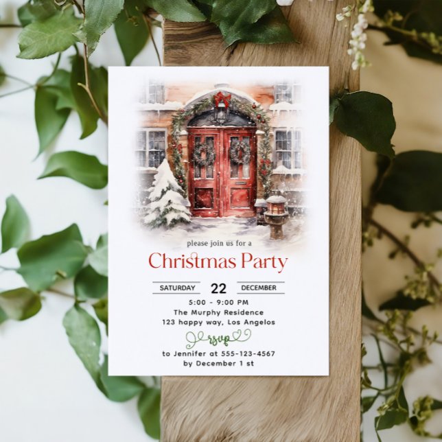 Watercolor Red Door Christmas Party Invitation     (Creator Uploaded)