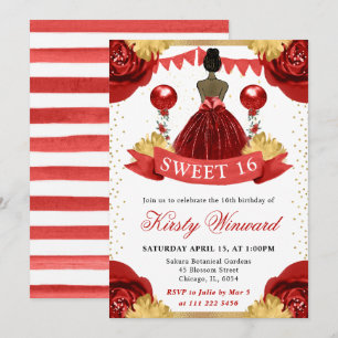 Watercolor Red Dress Dark Skin Princess Sweet 16 Invitation