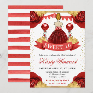 Watercolor Red Dress Red Haired Princess Sweet 16 Invitation
