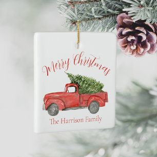 Watercolor Red Farm Truck Ceramic Ornament