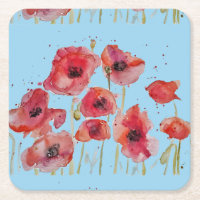 Watercolor Red Flanders Poppy Floral Square Paper