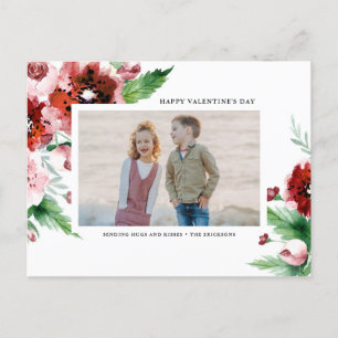 Watercolor Red Floral Borders Valentines Day Photo Holiday Postcard