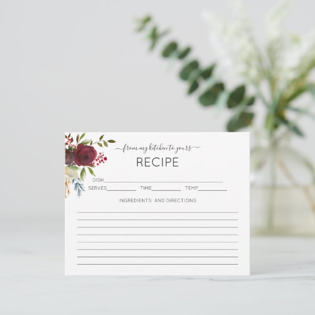 Watercolor Red Floral Bridal Shower Recipe Card (Standing Front)