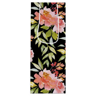 Watercolor Red Floral on Black Wine Gift Bag