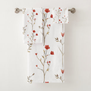 Watercolor Red Floral Wildflower Delicate Bath Towel Set