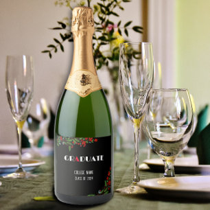 Watercolor red flower black white graduation sparkling wine label