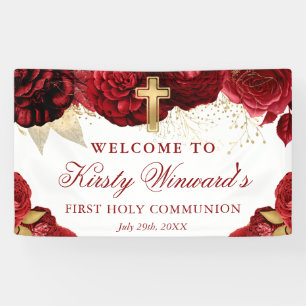 Watercolor Red Flowers First Holy Communion Banner