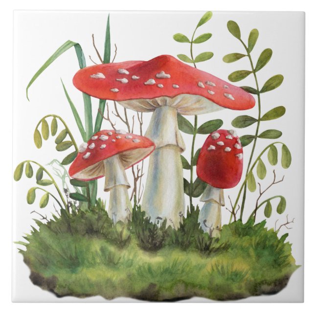 Watercolor Red Forest Wild Mushrooms Tile (Front)