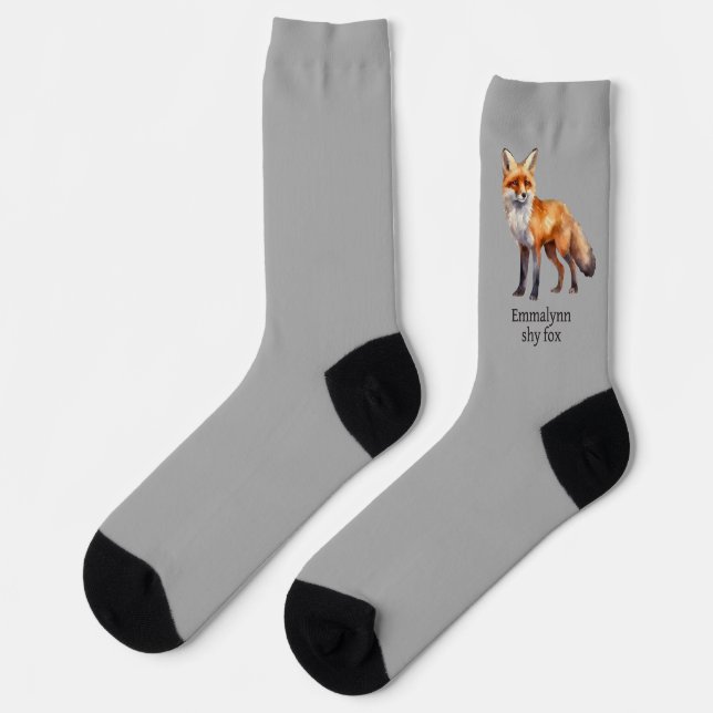 Watercolor Red Fox Drawing, Text on Grey Socks (Left)