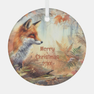 Watercolor Red Fox Fall Autumn Colour Nature  Glass Tree Decoration