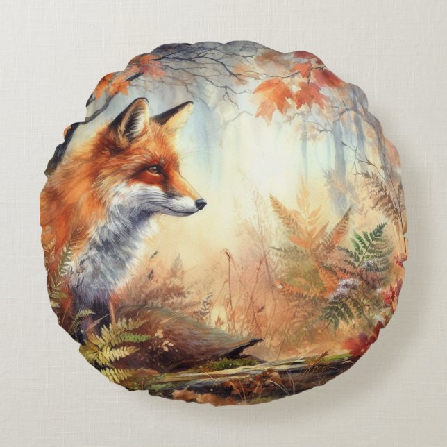 Watercolor Red Fox Fall Autumn Colour Nature  Round Cushion (Front)