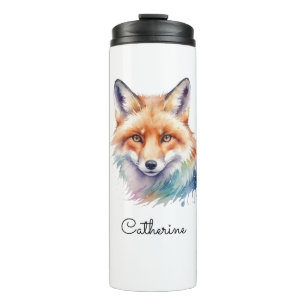 Watercolor Red Fox Portrait Personalised Name Thermal Tumbler