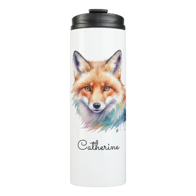 Watercolor Red Fox Portrait Personalized Name Thermal Tumbler (Front)