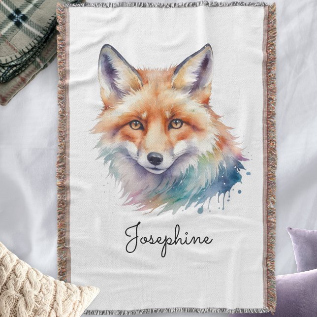 Watercolor Red Fox Whimsical Art Personalised   Throw Blanket (A personalized, fringed blanket throw, with illustration of a red fox in a watercolor style)