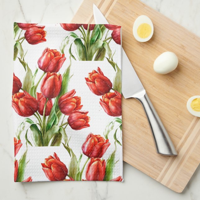 Watercolor Red Garden Flower Poppy Floral Tea Towel (Quarter Fold)